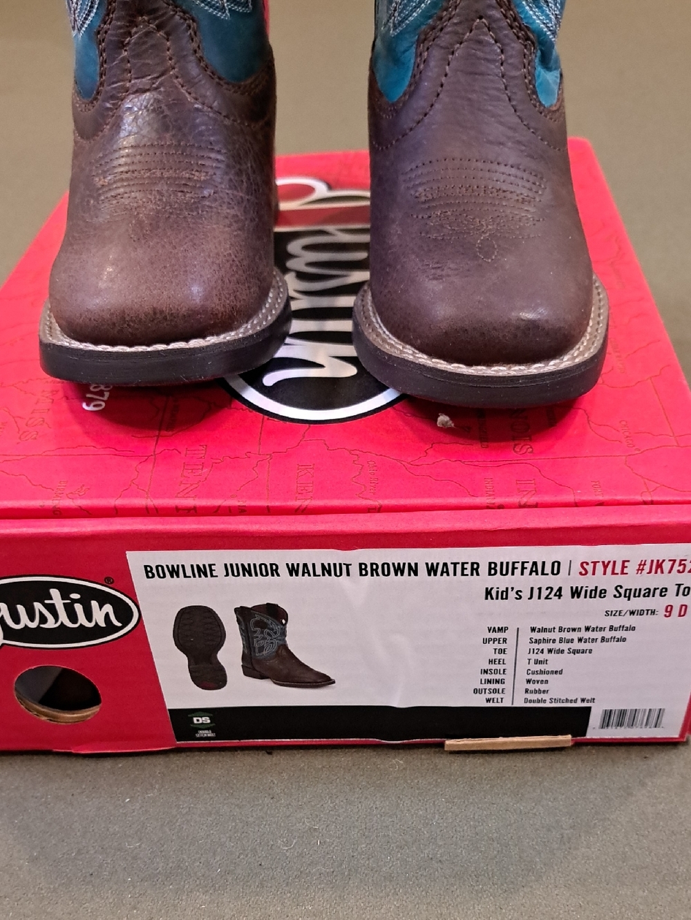 Justin Bowline Junior Walnut Brown Water Buffalo - Size: Kids 9 D - Picture 3 of 10
